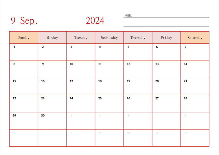 2024年日历台历 英文版 横向排版 周日开始
